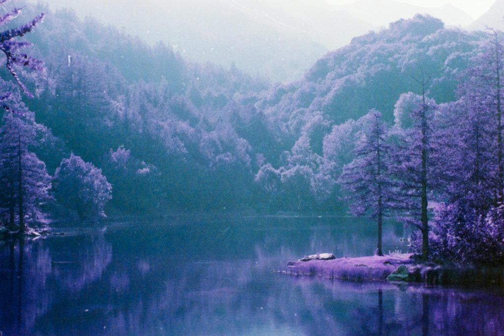A lake surrounded by trees and mountains, everything is purple, black and white