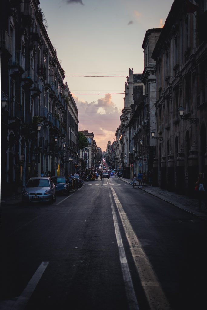 A street of Catania at sunset