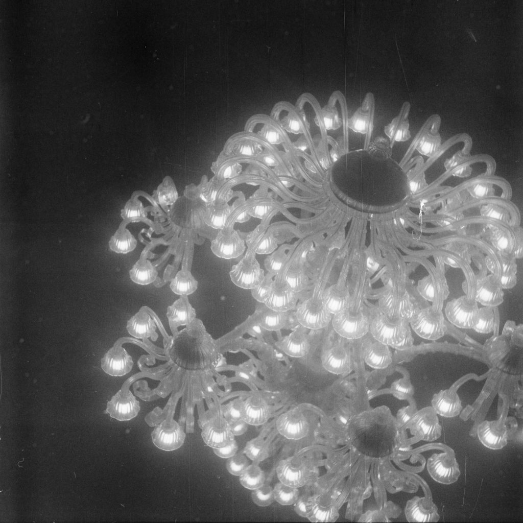 A big chandelier photographed upside down